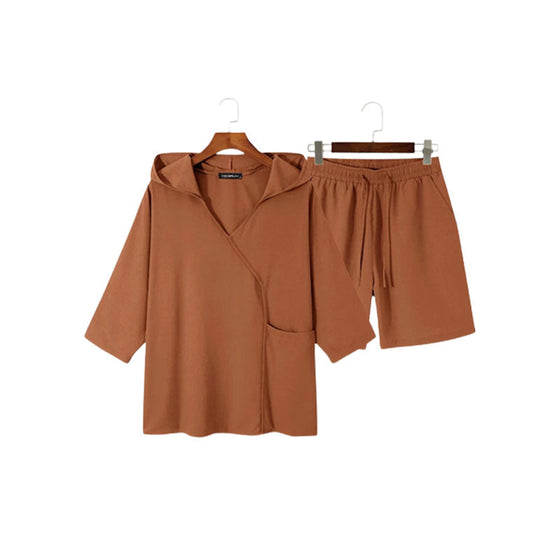 Lässiges Set aus Baumwollleinen mit Kapuze und Oberteil