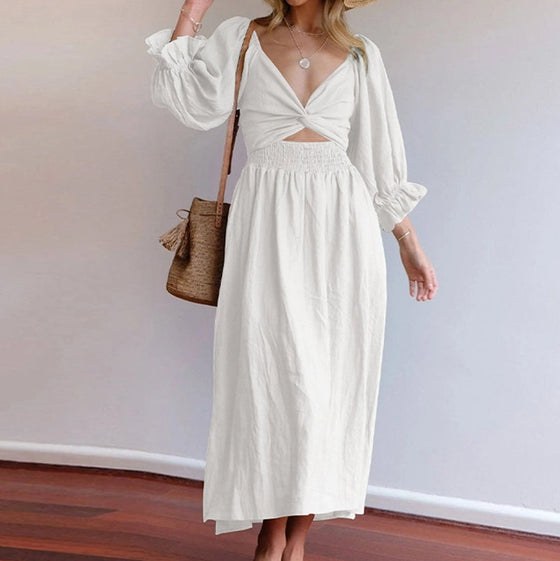 French Ruffled Lantern Sleeves Multi-wear Dress Green