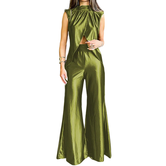 Modisches Set aus Oberteil mit Schlitz und Hose in einfarbiger Ausführung