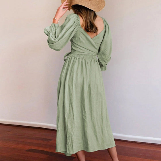 French Ruffled Lantern Sleeves Multi-wear Dress Green
