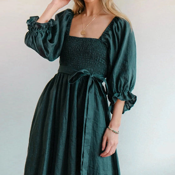 French Ruffled Lantern Sleeves Multi-wear Dress Green