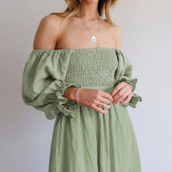 French Ruffled Lantern Sleeves Multi-wear Dress Green