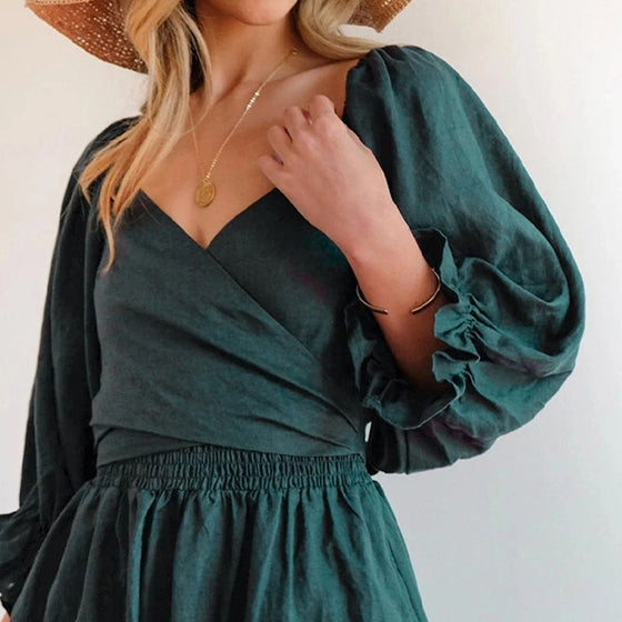 French Ruffled Lantern Sleeves Multi-wear Dress Green