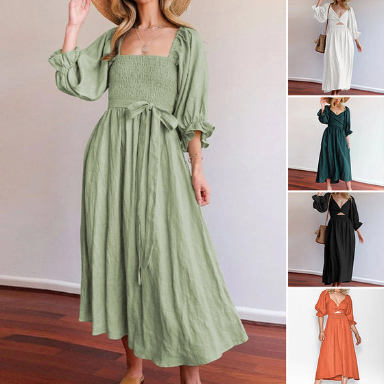 French Ruffled Lantern Sleeves Multi-wear Dress Green