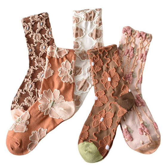 Elegante Baumwollsocken mit geprägtem Blumenmuster, 10 Paar